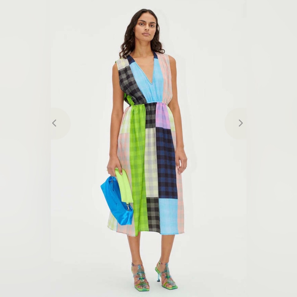Multi-Color Patchwork V-Neck Midi Dress